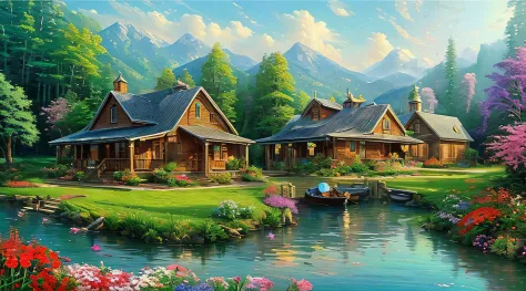 landscape, water, farm house, cooking smoke, boat in the water, flowers ,stream, color full (extremely detailed cg unity 8k wall...