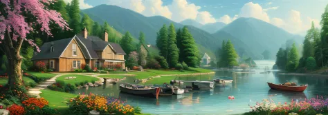 landscape, water, farm house, cooking smoke, boat in the water, flowers ,stream, color full (extremely detailed cg unity 8k wall...