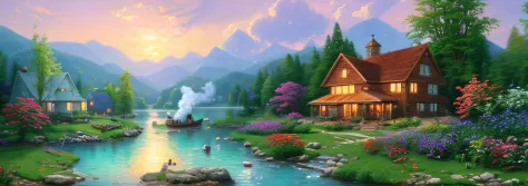 landscape, water, farm house, cooking smoke, boat in the water, flowers ,stream, color full (extremely detailed cg unity 8k wall...