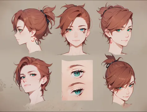 red hair, eye close up, character sheet, green eyes, tattoo under eyes, same face, different angle face, same character, same ha...