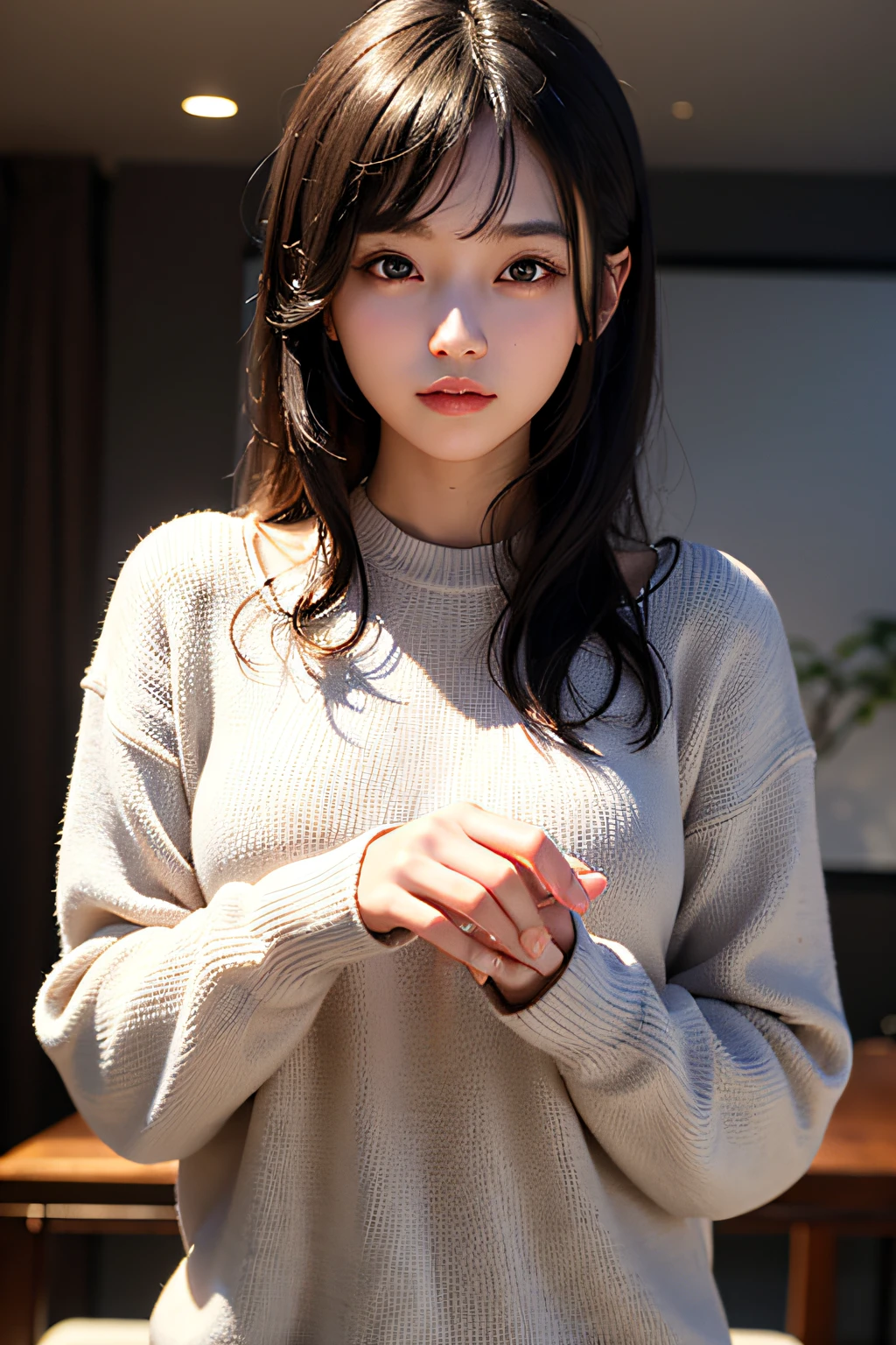 Ultra-high resolution,Masterpiece,Best quality,
Very delicate face,Detailed eyes,extremly intricate,perfect glossy shiny skins,Perfect lighting,Detailed lighting,Dramatic shadows,Ray tracing,
1girll,Upper body,Black sweater,view the viewer,