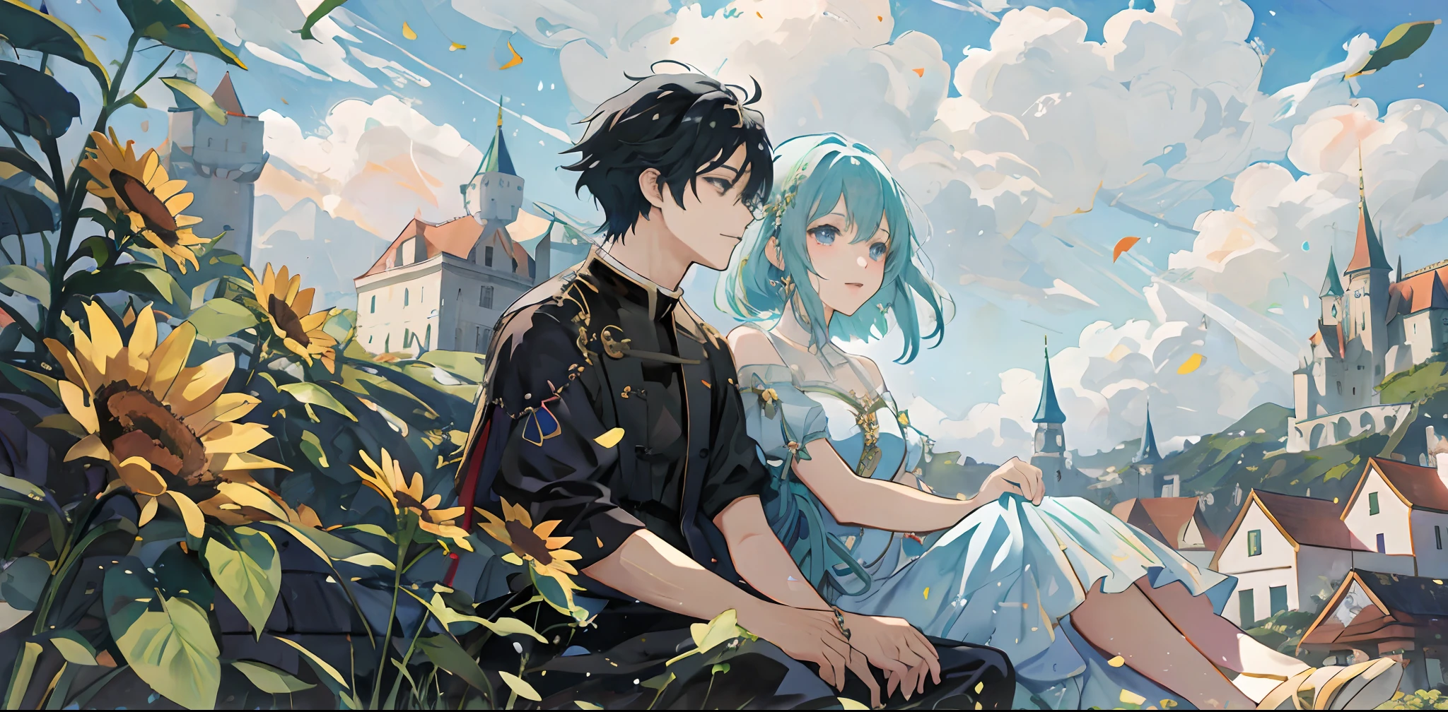 Anime couple sitting on a bench in front of a castle - SeaArt AI