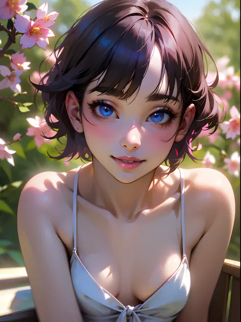 (best quality,4k,highres),(realistic,photo-realistic:1.37),(vivid colors),(sharp focus),(beautiful detailed eyes,beautiful detailed lips,long eyelashes),(smiling brightly,radiating happiness),(short hair,thin purple hair,bangs between the eyes),(sitting ac...