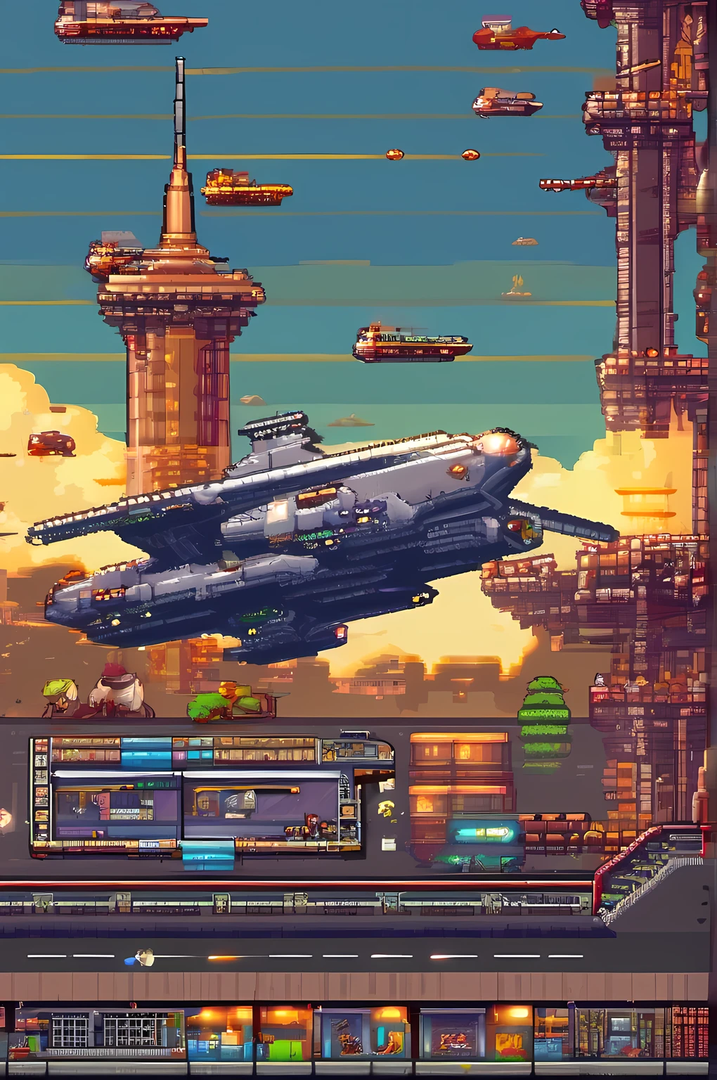 A close up of a pixel art style picture of a spaceship flying over a city -  SeaArt AI