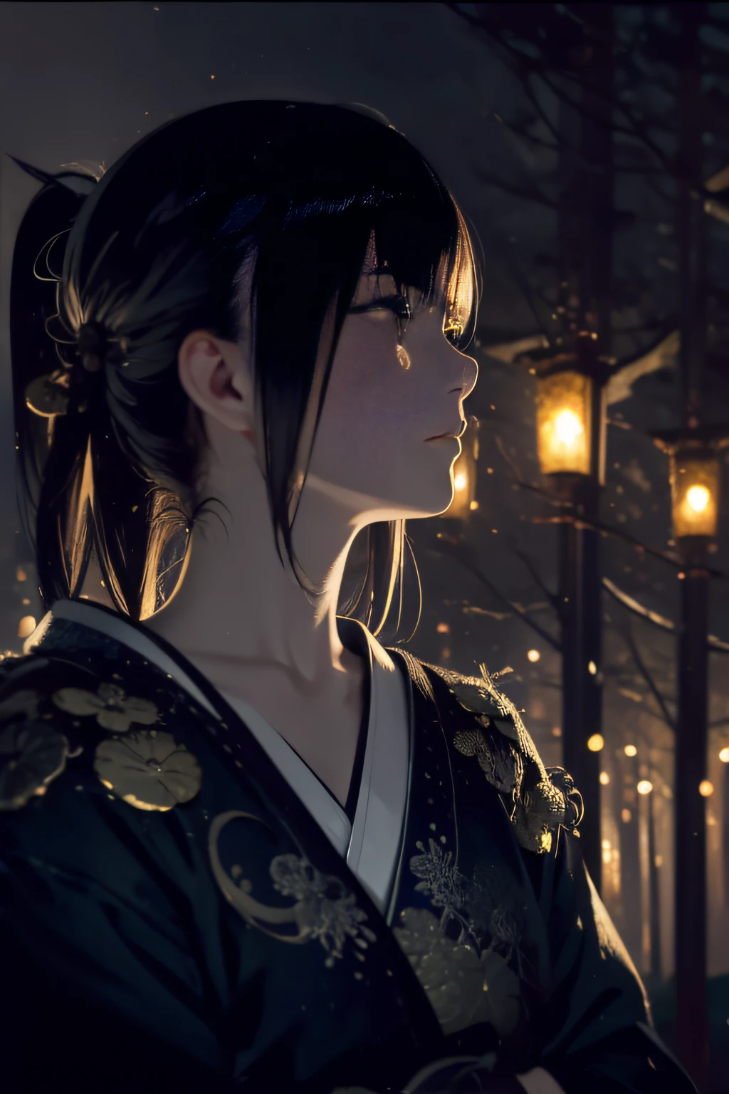 (Close Up Shot:1.5), Samurai of Japan, Forest glade on night background, (Dusk), Moonlight, Bokeh, (Art by Jeremy Mann and Edvard Munch), Beautiful composition, Complementary color scheme, masutepiece, awardwinning