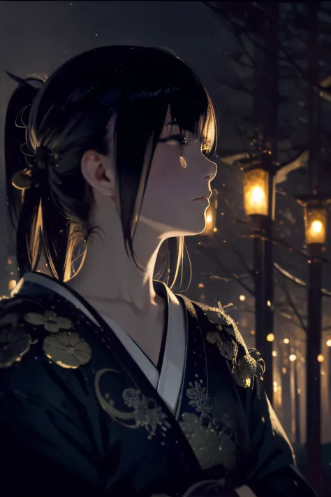 (Close Up Shot:1.5), Samurai of Japan, Forest glade on night background, (Dusk), Moonlight, Bokeh, (Art by Jeremy Mann and Edvar...