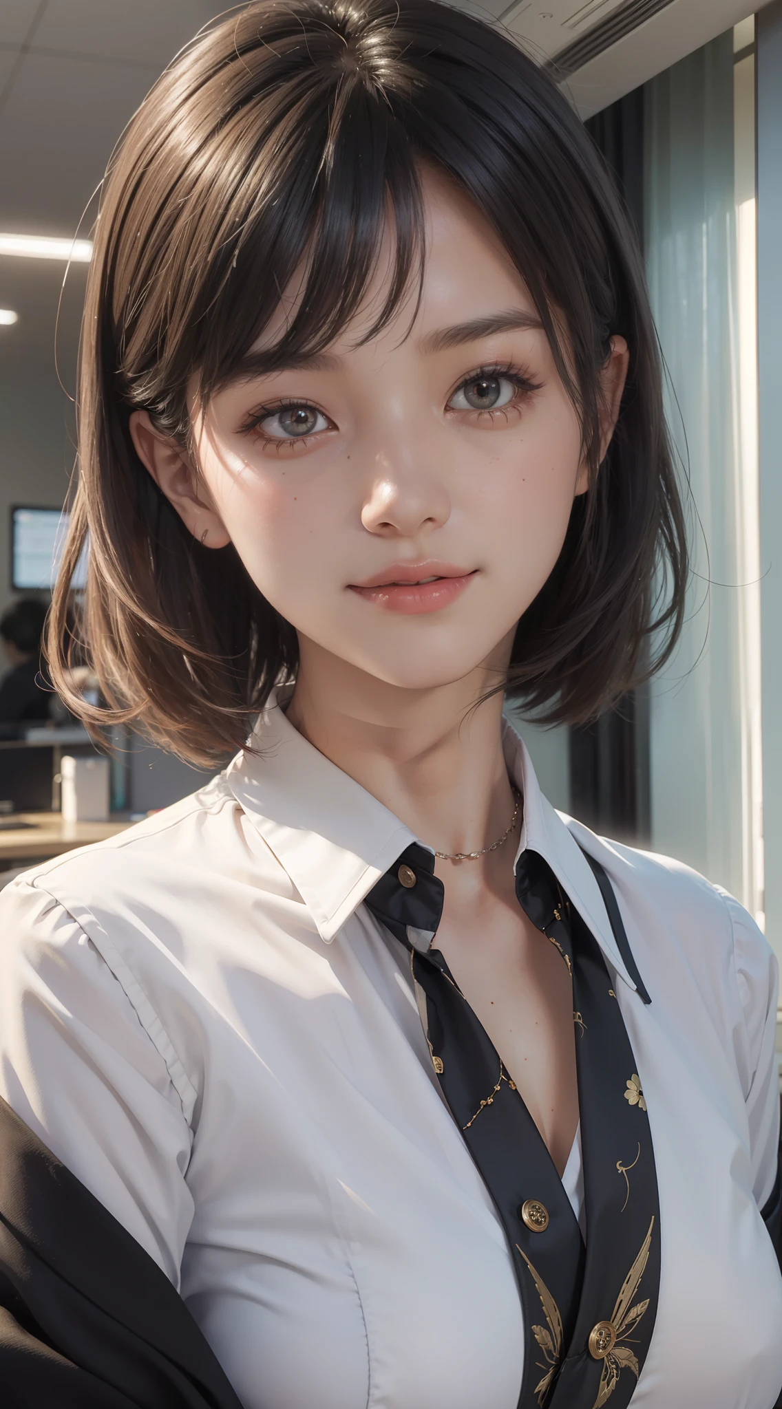 Photorealistic: 1.5, Office: 1.5, Suitable for office: 1.5, formalwear: 1.5, Cute young Japan, Big smile, drooing eyes: 1.3, Person shot々, (in 8K) , ​master piece, (No retouching, Lip gloss, False eyelashes, Real Skin, of the highest quality, 超A high resolution, depth of fields, chromatic abberation, Caustics, Wide Lighting, Natural Shading))