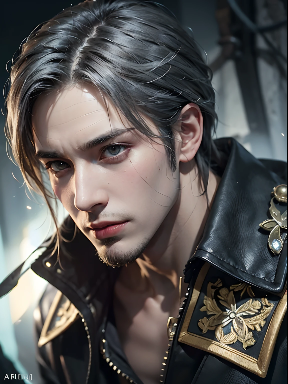 (More than half body), 1man, gray hair, an assassin, a little stern, solo focus masculine adult face, black dress, frost forest, realistic, dynamic pose realistic, detailed and correct facial structure, blades ornaments, LEON S. KENNEDY, handsome, attractive, slightly muscular, cinematic lighting, unreal engine, trending on ArtStation, intricate details,  masterpiece, best quality, by Irakli Nadar, Greg Rutkowski，(((best quality))),(((ultra detailed))),(((masterpiece)))