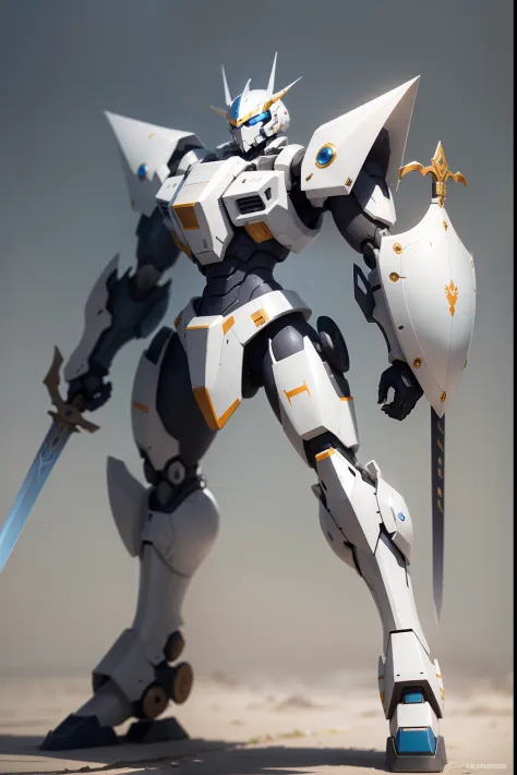 Future mecha，The left hand holds a sword，White and blue color scheme，The right arm is with a shield