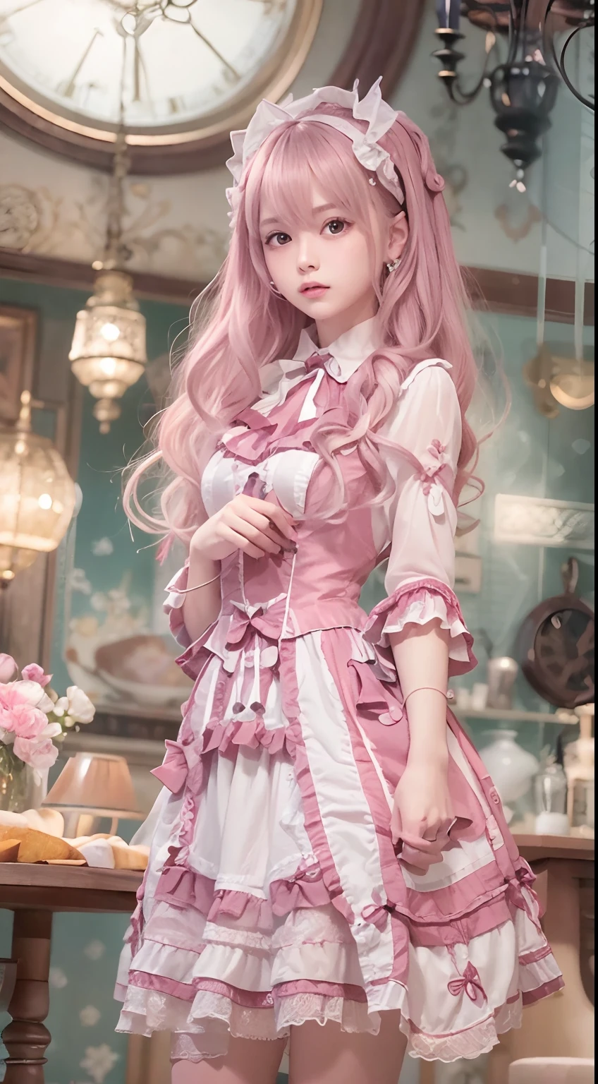 (Masterpiece, Best quality, Masterpiece,Best quality,offcial art, 8K wallpapers), Girl,chiquita，with long hair in takes, Pink hair, Wavy hair, Small breasts,(Dynamic color Lolita costume), Bare legs, Skirt lift,European restaurant，candlestick，wall，tableware， (Skin with the highest level of detail: 1,2), (The highest level of detail in the dial:1.2), Front lighting, natta, warm white light, looks into camera,