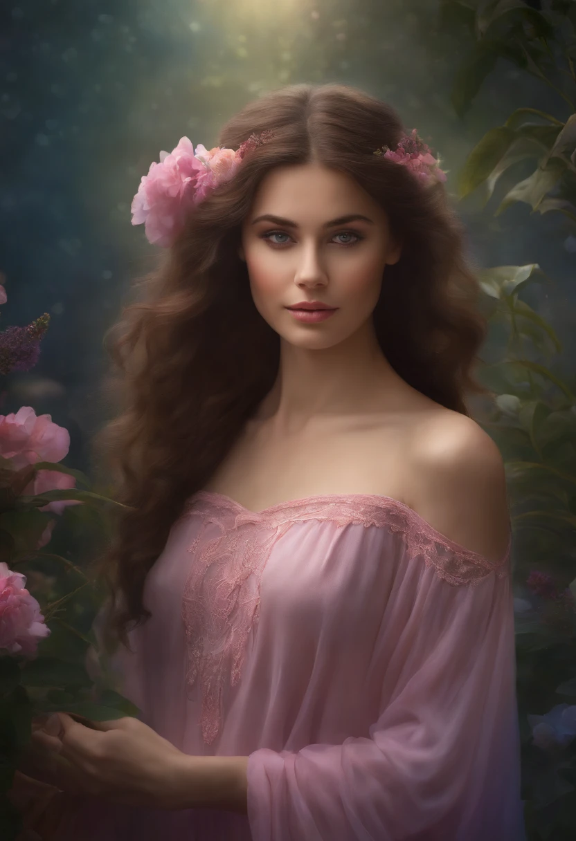 It seems to be transcending to the divine state. She is surrounded by a peaceful garden，The garden is full of vibrant flowers, Add a touch of color to your scene. Her eyes radiate mesmerizing depth and detail, Capture the essence of her ethereal presence. Her lips, Delicate depiction, Exudes a gentle aura of serenity and elegance.

The artwork is meticulously crafted，The attention to detail, Like an awesome oil painting. Brushstrokes and textures create a dreamy atmosphere, Further enhance the otherworldliness. Use of high resolution, Focus on realism and realism, Showcasing the artist's dedication to producing masterpieces of the highest quality.

The overall color palette exudes a celestial aura, With a soft shade of blue, Pink big breasts, Purple dominates the composition. gentlesoftlighting, Reminiscent of studio lighting, Cast a soft glow on the angelic figure, Create a feeling of warmth and tranquility. The bokeh effect subtly captures the flashes and shimmers of divine energy around her, adding a touch of magic to the scene.

This artwork combines elements of fantasy and spirituality, Draw inspiration from the concept of reincarnation and the transcendence of the human spirit. The depiction of girls in casual clothing adds a sense of relevance and interpersonal connection, Juxtaposed with the ethereal elements present in the scene. The work gives the viewer a glimpse of the beauty and wonder of the spiritual realm, Invite them to think about the mysteries of life and beyond.