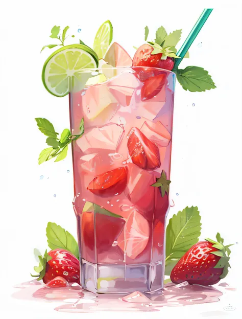 A painting of a strawberry mojitta with limes and strawberries, full-colour illustration, high detail illustration, Higher detai...