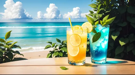 (No one) A soft drink containing lemon, mint leaves, and bubbles. The yellow fades to blue. It's cool. There are colored straws, ice cubes, placed on a green leaf, outdoors, a clear blue sky, beautiful clouds
