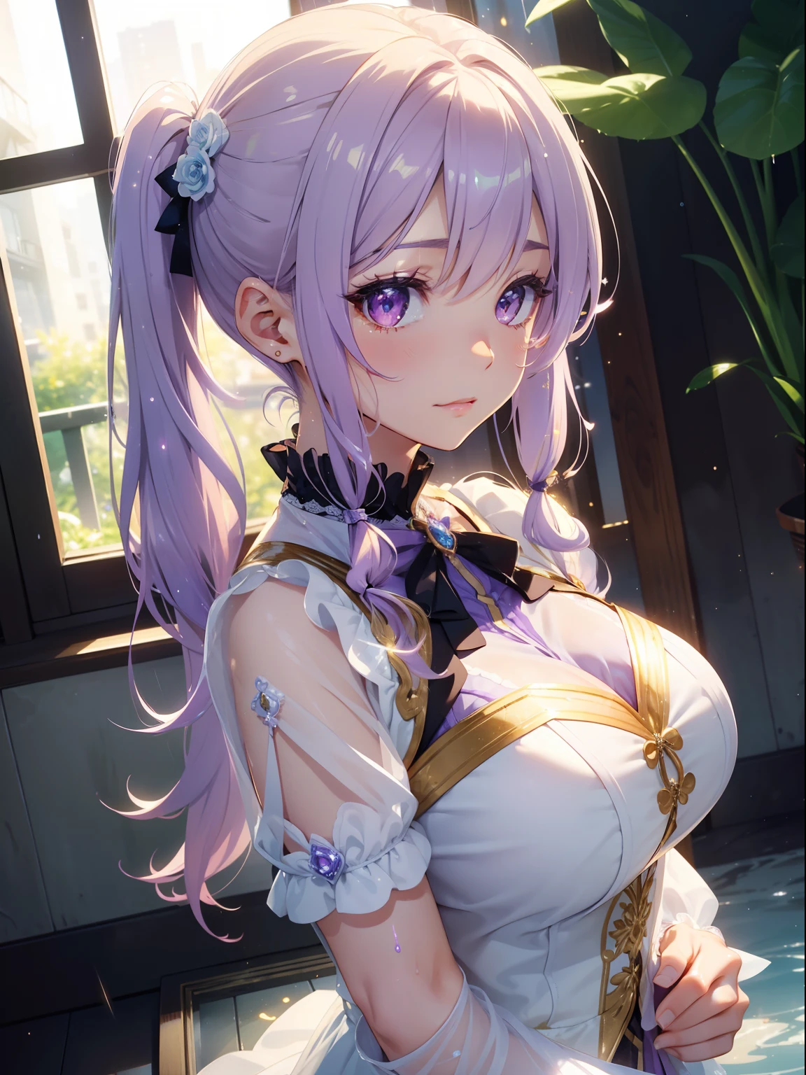 masutepiece, High resolution, 8k, anime woman, Delicate and detailed writing 、Detailed digital illustration、(((Straight pigtail)))、Shiny hair、bangs、a very beautiful woman、Eyes are double, Large, ((Bust is an A cup))、High image quality, High quality、Detailed background、(((Wearing cute idol clothes in white and lilac)))、((Very heavy rain、early evening))、Drops are falling on the hair、Wet hair、Clothes are also wet、The inside of the eye shines like a diamond、Light purple hair、Gradient pupil、(((2 arms、4 fingers, 1 thumb)))、Detailed female face、Very beautiful and cute woman、、Detailed background、​masterpiece、Soft Focus , Bright gradient watercolor , Lens Flare , (((glitter))) , Glow , Dreamy , Light Purple Ribbon、Very Beautiful Light Purple Rose Hair Accessories、Light purple and gold costume with white as the main color、((Straight at the angle of the front))、clothes wet、Clothes are wet and you can move