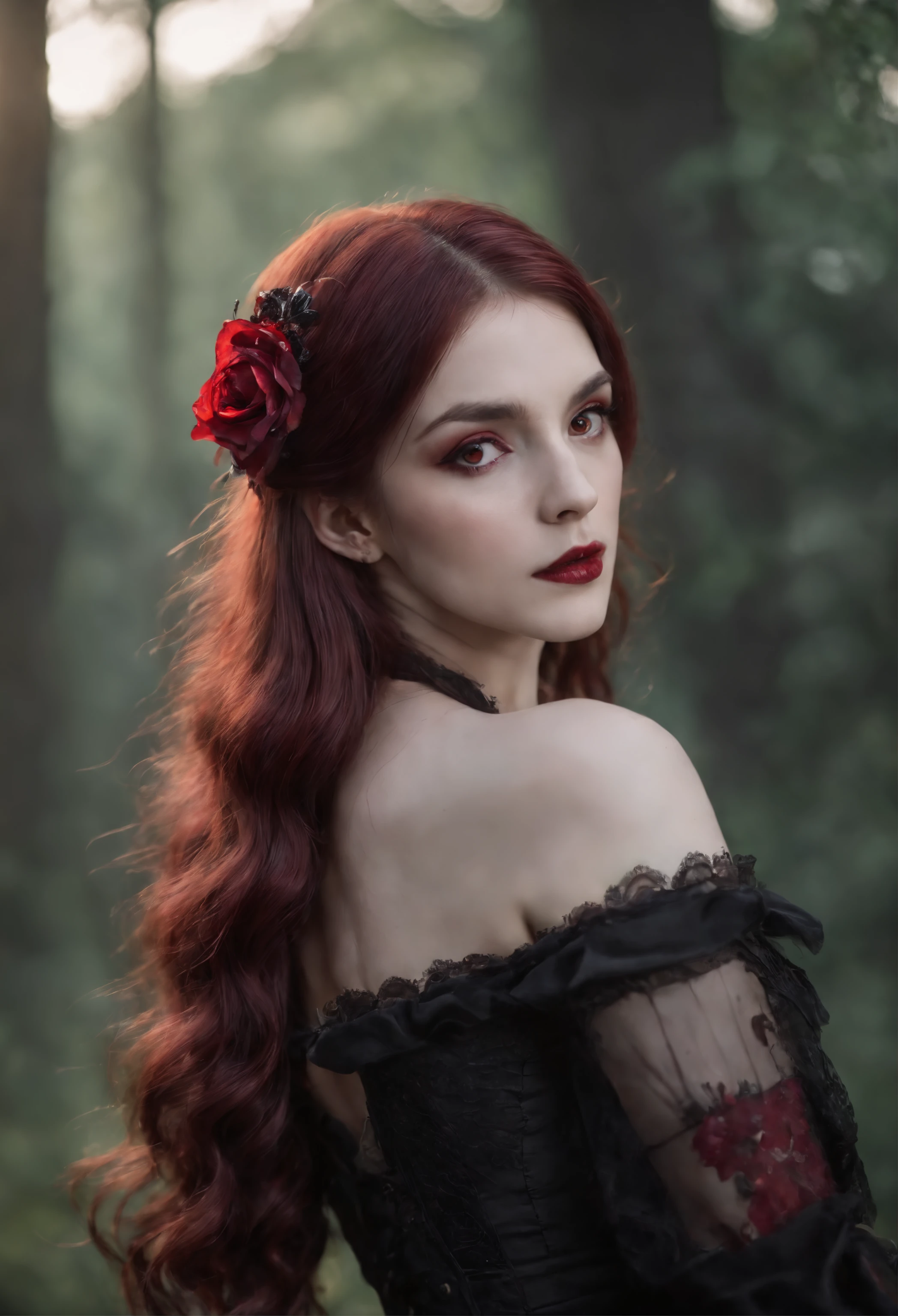 A woman with long red hair wearing a black dress and a flower in her hair -  SeaArt AI