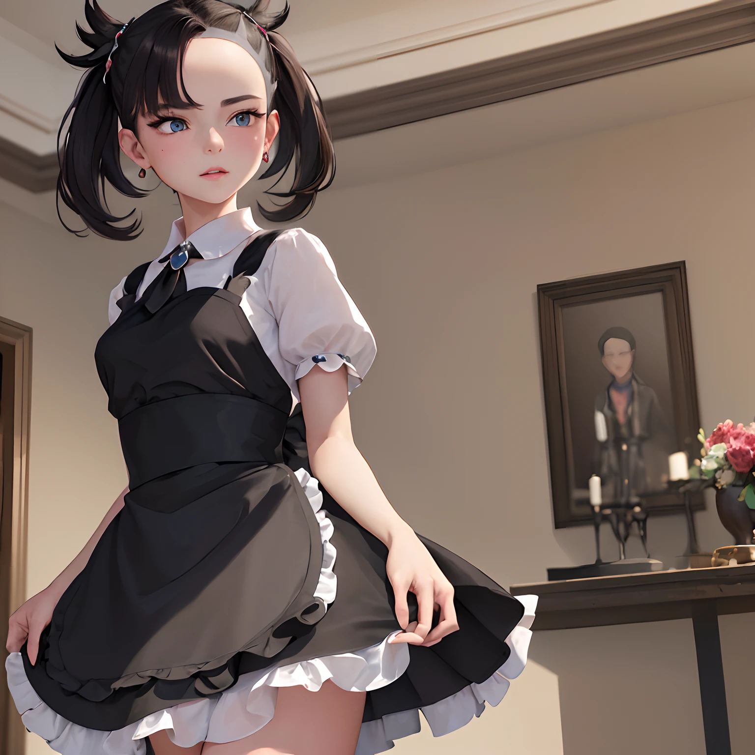 (masterpiece, best quality, highres:1.2), hmmarnie, aqua eyes, detailed eyes and lips, hair ornament, earrings, jewelry, elegant pose, flowing dress, black apron, short sleeves, intricate wrist cuffs, black thigh-highs, blush, indoor setting, standing confidently