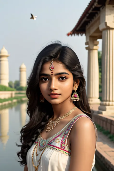 young indian girl, 18-year-old,  gentle sun lighting on face , village mood , thousand pillar temple, clear blue sky, ducks, pon...