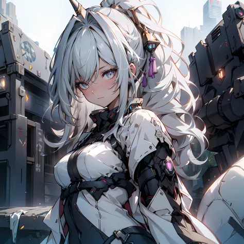 1 adult woman, High detail mature face, long ponytail silver hair, gold eyes, white china dress with black strip, wear 2 small mech horn on the head, high res, ultra sharp, 8k, masterpiece, looking at viewer, long black gloves, Sharp eyes, ((Best quality))...