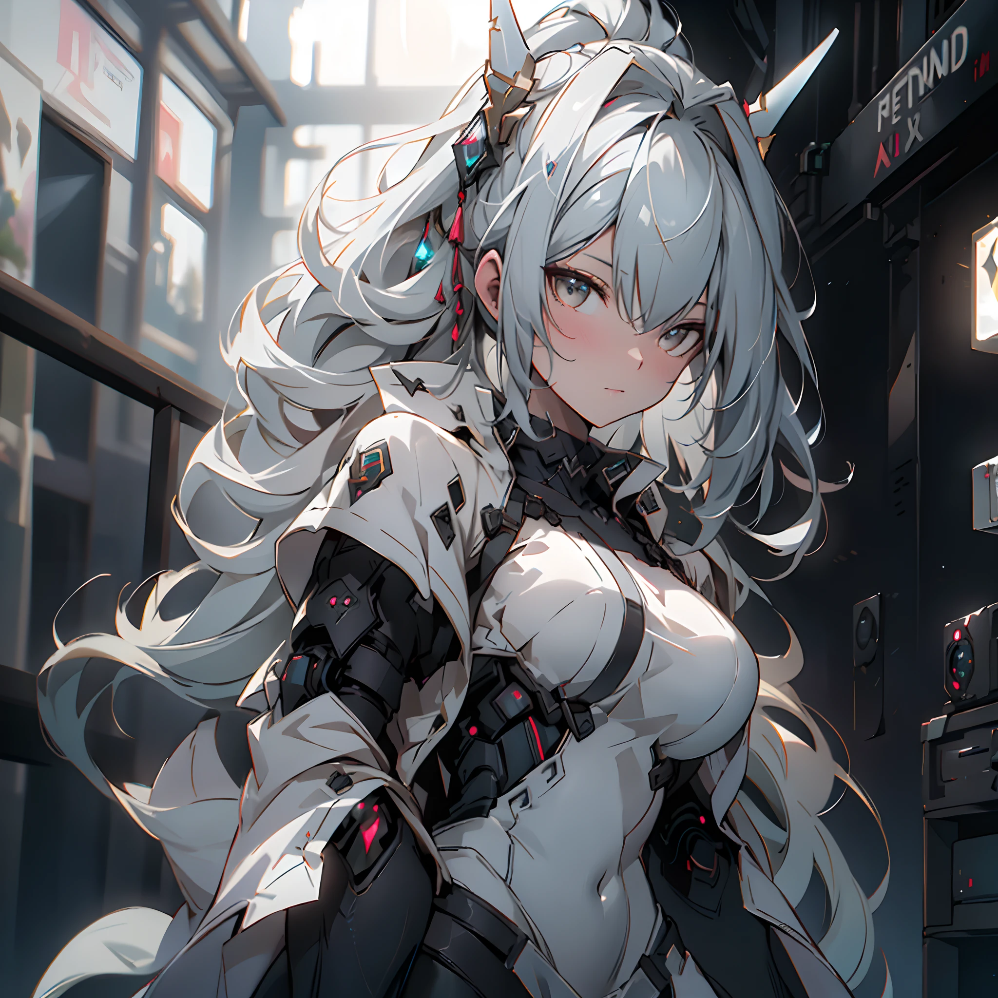 1 adult woman, alone, High detail mature face, long ponytail silver hair, gold eyes, white china dress with black strip, wear 2 small mech horn on the head, high res, ultra sharp, 8k, masterpiece, looking at viewer, long black gloves, Sharp eyes, ((Best quality)), ((masterpiece)), 3D, HDR (High Dynamic Range),Ray Tracing, NVIDIA RTX, Super-Resolution, Unreal 5,Subsurface scattering, PBR Texturing, Post-processing, Anisotropic Filtering, Depth-of-field, Maximum clarity and sharpness, Multi-layered textures, Albedo and Specular maps, Surface shading, Accurate simulation of light-material interaction, Perfect proportions, Octane Render, Two-tone lighting, Wide aperture, Low ISO, White balance, Rule of thirds,8K RAW, Aura, masterpiece, best quality, Mysterious expression, magical effects like sparkles or energy, flowing robes or enchanting attire, mechanic creatures or mystical background, rim lighting, side lighting, cinematic light, ultra high res, 8k uhd, film grain, best shadow, delicate, RAW, light particles, detailed skin texture, detailed cloth texture, beautiful face, fighting stance