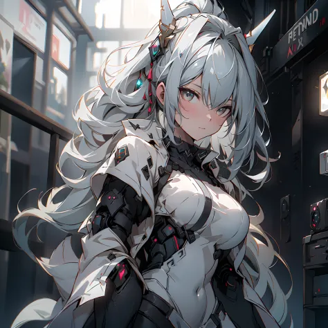 1 adult woman, alone, High detail mature face, long ponytail silver hair, gold eyes, white china dress with black strip, wear 2 small mech horn on the head, high res, ultra sharp, 8k, masterpiece, looking at viewer, long black gloves, Sharp eyes, ((Best qu...