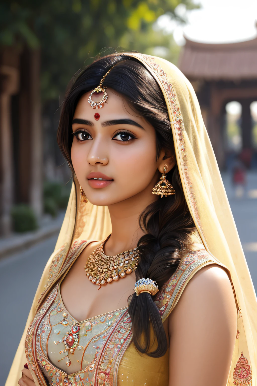 jeune fille indienne, 18 ans,(((fille desi))), Visage rond, peau naturelle, porter un haut chaud à col profond et une dupatta, charmants cheveux noirs, ((les pointes des cheveux sont blondes)), fond de rues de la ville, bokeh doux éclairage du soleil sur le visage , ferme , gros seins, cul épais, gros cul, Photo du corps entier, ambiance villageoise , temple aux mille piliers, ciel bleu clair, canards, étang, des oiseaux, fille tenant deepam , ambiance de fille du village, détails complexes du visage, photo du corps entier,avoir un teint impeccable, rendu 3D au top, Hyper réaliste, tourné sur une route indienne. photorealistic digital art trending on Artstation 8k HD high definition détaillé realistic, détaillé, Texture de la peau, hyper détaillé, peau réaliste haute résolution, détaillé, Photo brute, 400 caméra f1.6 couleurs riches en lentilles, texture hyper réaliste et réaliste