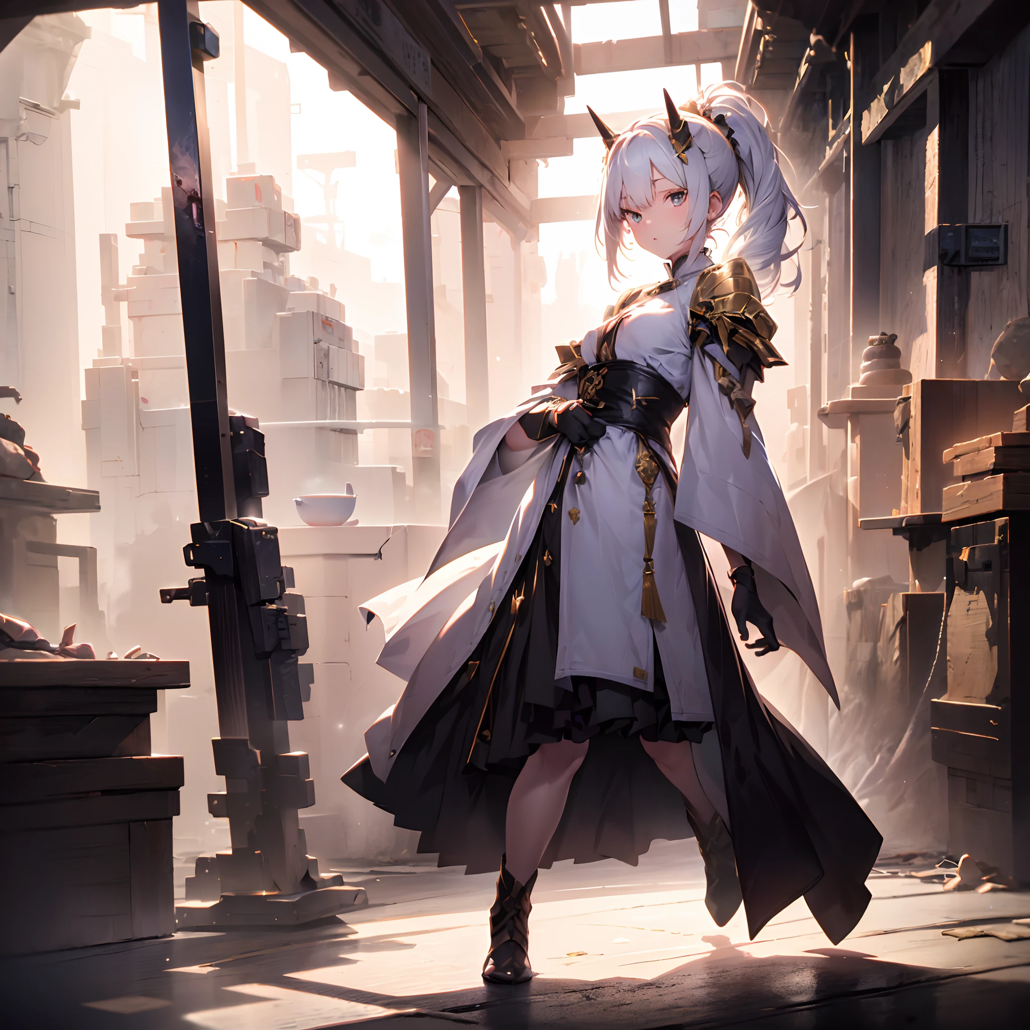 1 adult woman, alone, High detail mature face, long ponytail silver hair, gold eyes, wear long white china dress , wear 2 small mech horn on the head, bare shoulder, bare leg, black glove, black boot, high res, ultra sharp, 8k, masterpiece, looking at viewer, long black gloves, Sharp eyes, ((Best quality)), ((masterpiece)), 3D, HDR (High Dynamic Range),Ray Tracing, NVIDIA RTX, Super-Resolution, Unreal 5,Subsurface scattering, PBR Texturing, Post-processing, Anisotropic Filtering, Depth-of-field, Maximum clarity and sharpness, Multi-layered textures, Albedo and Specular maps, Surface shading, Accurate simulation of light-material interaction, Perfect proportions, Octane Render, Two-tone lighting, Wide aperture, Low ISO, White balance, Rule of thirds,8K RAW, Aura, masterpiece, best quality, Mysterious expression, magical effects like sparkles or energy, flowing robes or enchanting attire, mechanic creatures or mystical background, rim lighting, side lighting, cinematic light, ultra high res, 8k uhd, film grain, best shadow, delicate, RAW, light particles, detailed skin texture, detailed cloth texture, beautiful face, fighting stance