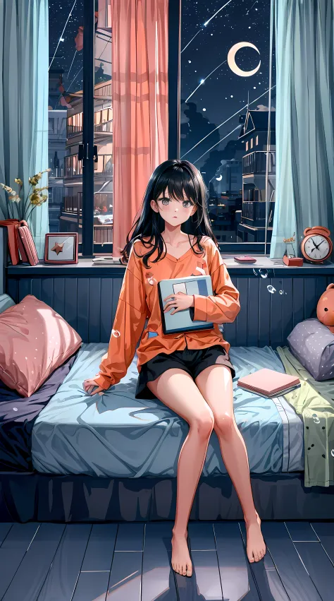lineart, 
1girl, solo, long hair, black hair, long sleeves, sitting, sky, shorts, barefoot, cloud, indoors, pillow, book, bare legs, window, bed, night, on bed, stuffed toy, moon, stuffed animal, curtains, star (sky), night sky, desk, starry sky, bubble, t...