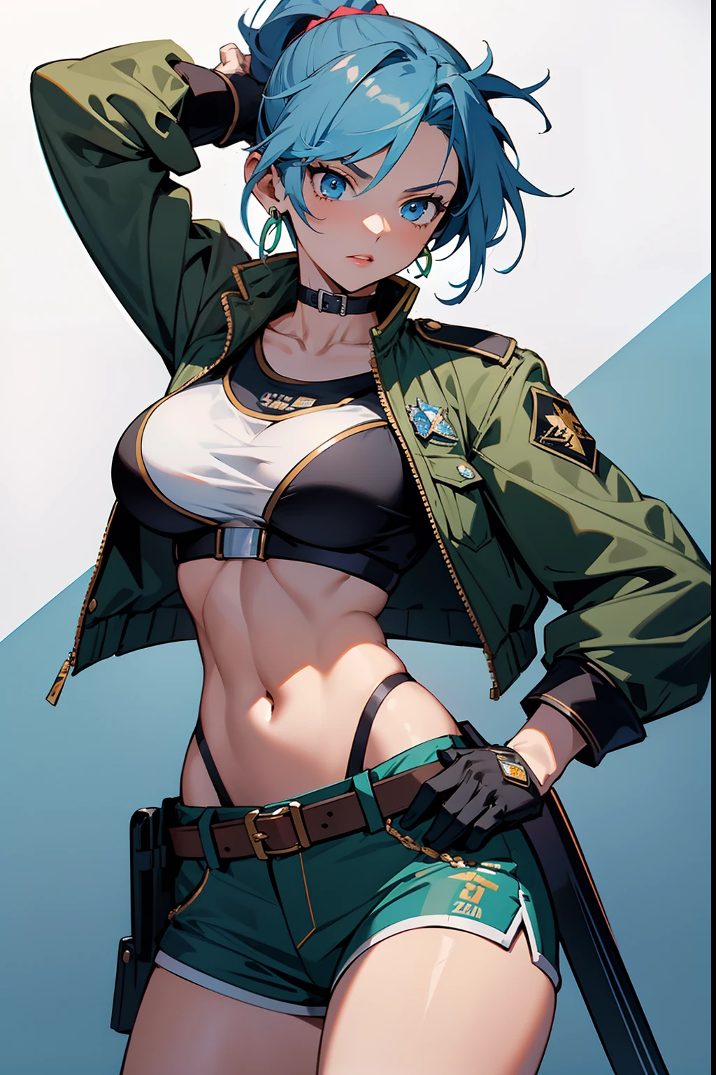 Meisterwerk,, beste Qualität, highres, 1 Mädchen, leona heidern, Blaue Haare, blaue Augen, Pferdeschwanz, Grüne Shorts, Taille, bauchfreies Top, schwarze Handschuhe, Brüste, Militäruniform, grüne Jacke, Ohrringe, Schmuck, Nabel, large Brüste, Cowboy-Schuss,