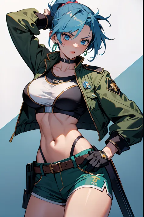 masterpiece,, best quality, highres, 1girl, leona heidern, blue hair, blue eyes, ponytail, green shorts, midriff, crop top, blac...