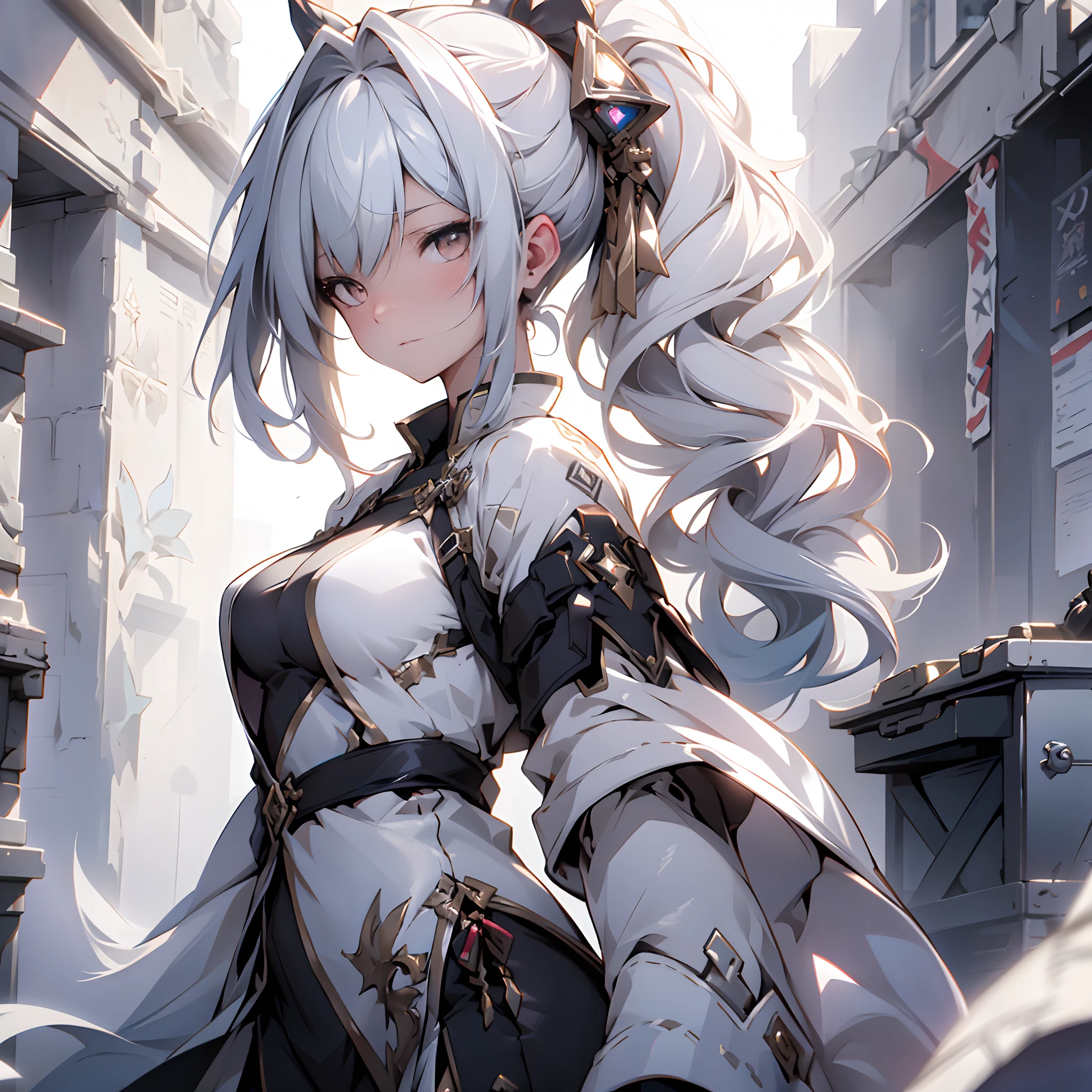 1 adult woman with a gun like weapon in her hand, alone, High detail mature face, long ponytail silver hair, gold eyes, white china dress with black strip, wear black head band, high res, ultra sharp, 8k, masterpiece, looking at viewer, long black gloves, Sharp eyes, ((Best quality)), ((masterpiece)), 3D, HDR (High Dynamic Range),Ray Tracing, NVIDIA RTX, Super-Resolution, Unreal 5,Subsurface scattering, PBR Texturing, Post-processing, Anisotropic Filtering, Depth-of-field, Maximum clarity and sharpness, Multi-layered textures, Albedo and Specular maps, Surface shading, Accurate simulation of light-material interaction, Perfect proportions, Octane Render, Two-tone lighting, Wide aperture, Low ISO, White balance, Rule of thirds,8K RAW, Aura, masterpiece, best quality, Mysterious expression, magical effects like sparkles or energy, flowing robes or enchanting attire, mechanic creatures or mystical background, rim lighting, side lighting, cinematic light, ultra high res, 8k uhd, film grain, best shadow, delicate, RAW, light particles, detailed skin texture, detailed cloth texture, beautiful face, fighting stance