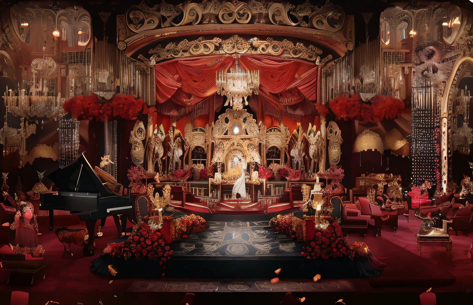 Close-up of the piano and the stage of the lion, exquisitely designed throne room, luxurious wedding, detailed set design, Gorgeous and complex background, elaborate stage effects, ornate backdrop, Throne Room, palatial scene, royal interior, stunning arcanum backdrop, lavishly decorated, rendering of beauty pageant, Luxurious Rococo Baroque setting，European Wedding