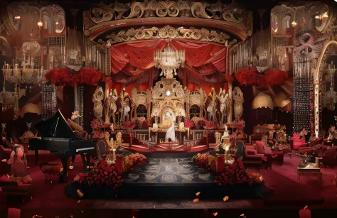 Close-up of the piano and the stage of the lion, exquisitely designed throne room, luxurious wedding, detailed set design, Gorge...