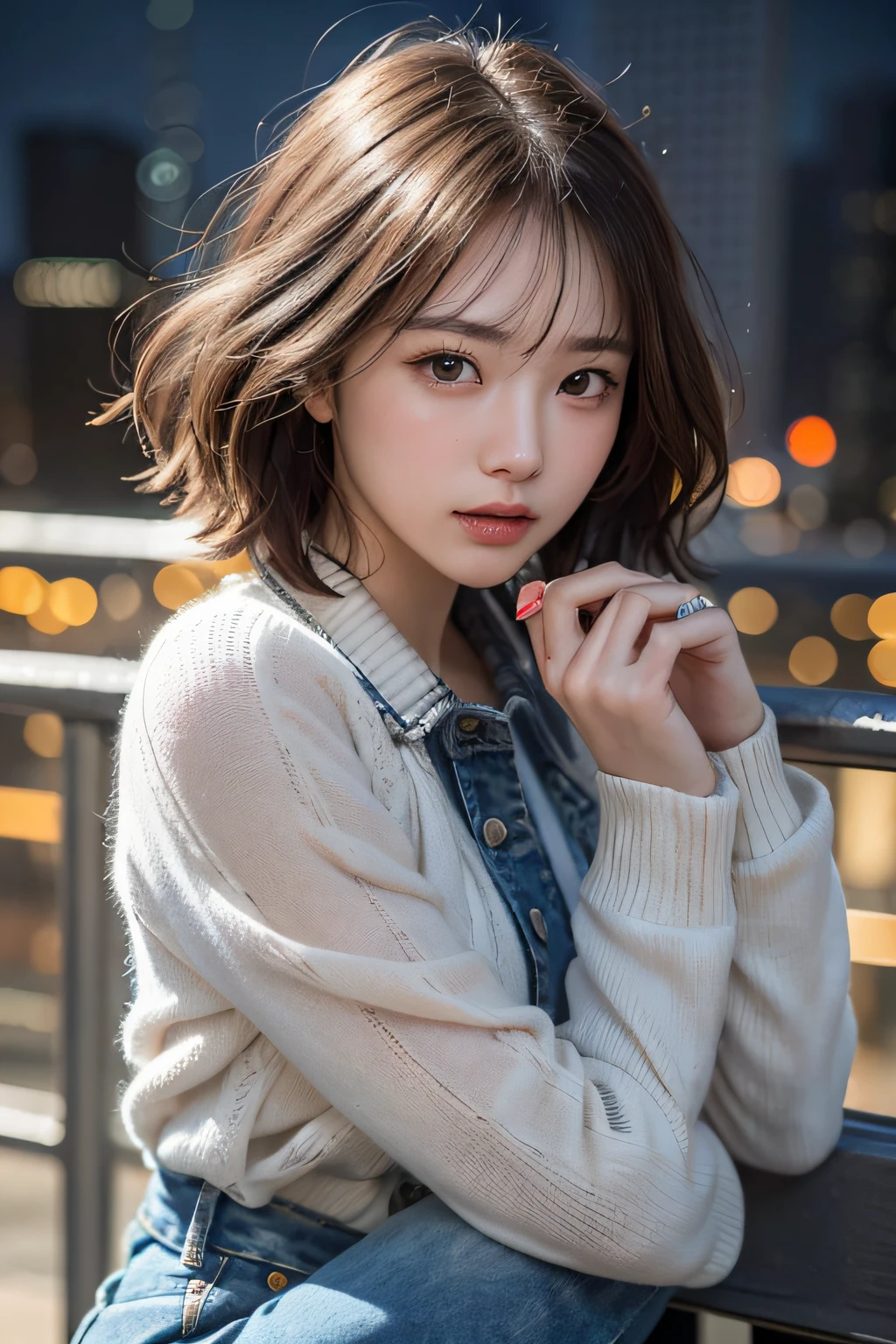 Generate images of a seductive young woman in a photorealistic style, captured in 8K resolution, resembling the exquisite beauty of Korean actress Park Kyu-young. She is dressed in stylish jeans and a long-sleeved white shirt.

Her features are impressive, with large, expressive eyes, a small mouth, and a straight nose that gives her a doll-like look. She has a short bob haircut with shiny black hair. The image should highlight the details of her delicate face.

The background is a rooftop offering a panoramic view of a futuristic cityscape at night. The cityscape is illuminated with neon lights and the night sky is filled with stars. Strong winds blow through the rooftop, causing the woman's hair to billow in the wind.

The photograph was taken with a DSLR camera, and the lighting creates extreme contrasts of light and shadow, adding a sense of drama to the scene. She leans her arm against the railing, gazing into the distance, away from the camera, creating an air of mystery.

This image aims to portray a captivating presence with a seductive and alluring vibe, set against the backdrop of a futuristic cityscape at night. The lighting and composition should accentuate her charm and create a sense of intrigue.

Please ensure that the final image is in a photorealistic style, emphasizing every detail, from her expressive eyes and face to the intricate features of her hands and windswept hair.
The focus should be on capturing her whole body, Even though she's not facing the camera.. Her hands and feet must be intricately detailed. White shirt and jeans、Creates a classic and timeless look, Enhance her overall attractiveness.

This image is、It aims to depict a seductive presence with a cute and adorable atmosphere. Lighting and composition are、Should emphasize her charm and elegance against the background of industry.

Make sure the final image is in a photorealistic style, Emphasis on every detail, From expressive eyes and face、up to the complex features of the limbs,.