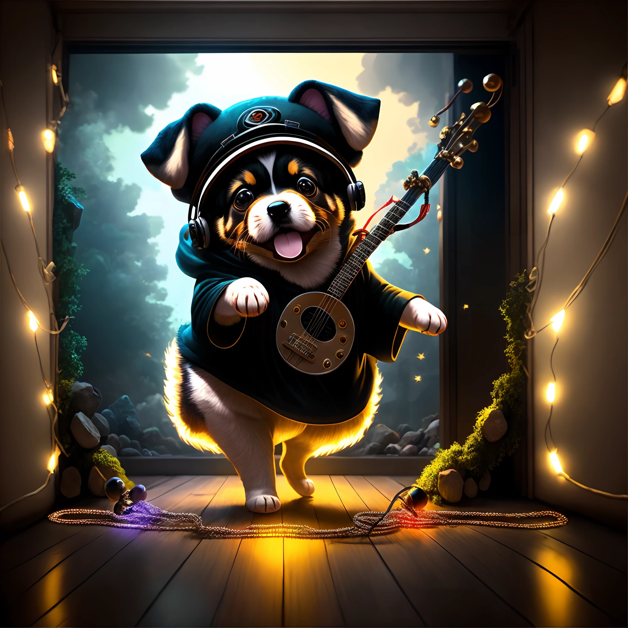 ，Masterpiece, Best quality，8K, 超高分辨率，（Anthropomorphic image），In the middle of the night，The music begins，A puppy in a rock costume dancing on a DJ stage。He wears a pair of headphones on both ears，Press the music controller with one hand，The other hand waved the microphone，Like a musical genius。The audience is immersed in his voice and music，Swing your body to follow his rhythm。 Rich dark fantasy elements and a sense of shock throughout the picture，It's both mysterious and fascinating。The lights and smoke in the scene are intertwined，Hit with amazing results。The puppy's feet step on the glowing floor，Add more sci-fi elements to this musical feast that travels through time。 The anthropomorphic portrayal of the puppy in the picture is very nuanced，From his hairstyle to his clothes，Then go to the stage to express，All embody the art style and unique visual effects。This is a vibrant and energetic rock comic book picture。