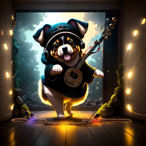 ，Masterpiece, Best quality，8K, 超高分辨率，（Anthropomorphic image），In the middle of the night，The music begins，A puppy in a rock costu...