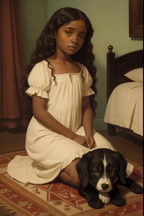 Pre-raphaelite portrait of a black 12-year-old girl kneeling next to a puppy in her bedroom, year 1906 nightgown