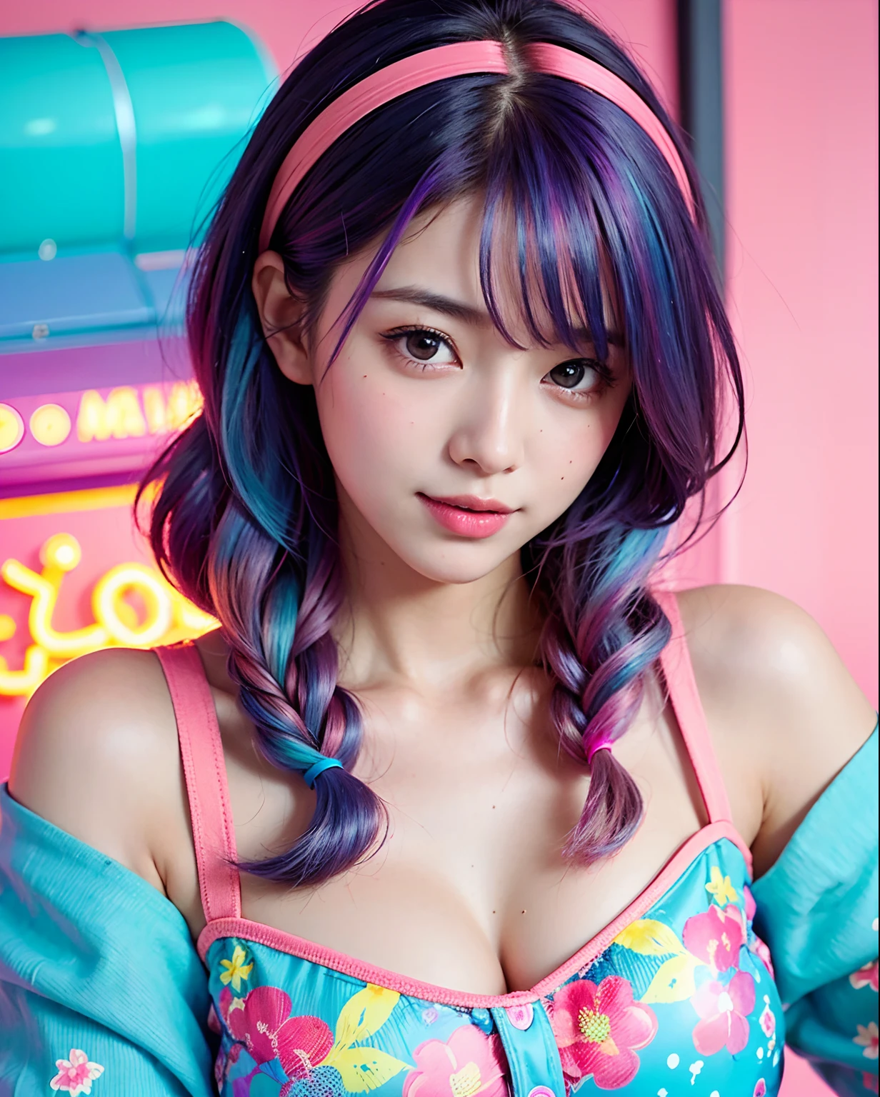 (masterpiece, top quality, best quality, official art, beautiful and aesthetic:1.2), (photoreal:1.5), BREAK 1 girl with a bunch of candy and a candy machine in her hand and a pink background with stars, upper body,smiling break Alice Prin, photo, a detailed painting, pop surrealism, (neon color hair:1.5),strong wind,giant marshmallow candy machine break needlework, intricate designs, textile art, handmade details, creative expression, colorful threads, cyberpunk, neo-dada BREAK