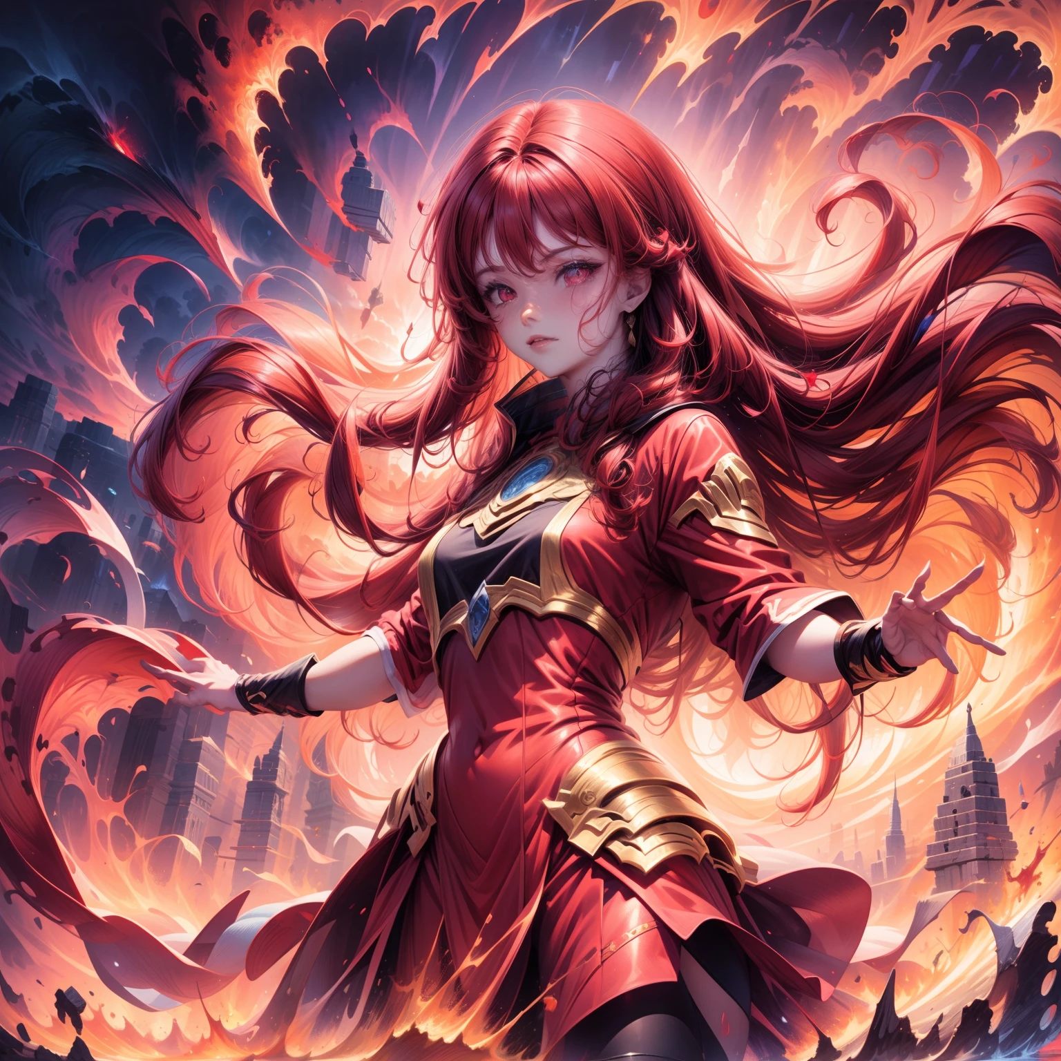 A women with red eyes, long curly red hair, with a super cool fiery dress, sky background