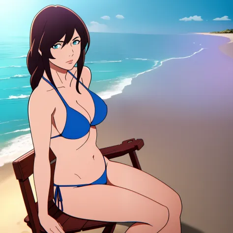 masterpiece, best quality,comic,detailed,cinematic composition, cinematic lighting,1girl,sitting,solo,beach,blue bikini,looking at viewer,cowboy shot ,Beautiful Art Style,ultra-detailed,close up