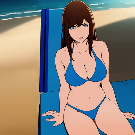 masterpiece, best quality,comic,detailed,cinematic composition, cinematic lighting,1girl,sitting,solo,beach,blue bikini,looking at viewer,cowboy shot ,Beautiful Art Style,ultra-detailed,close up