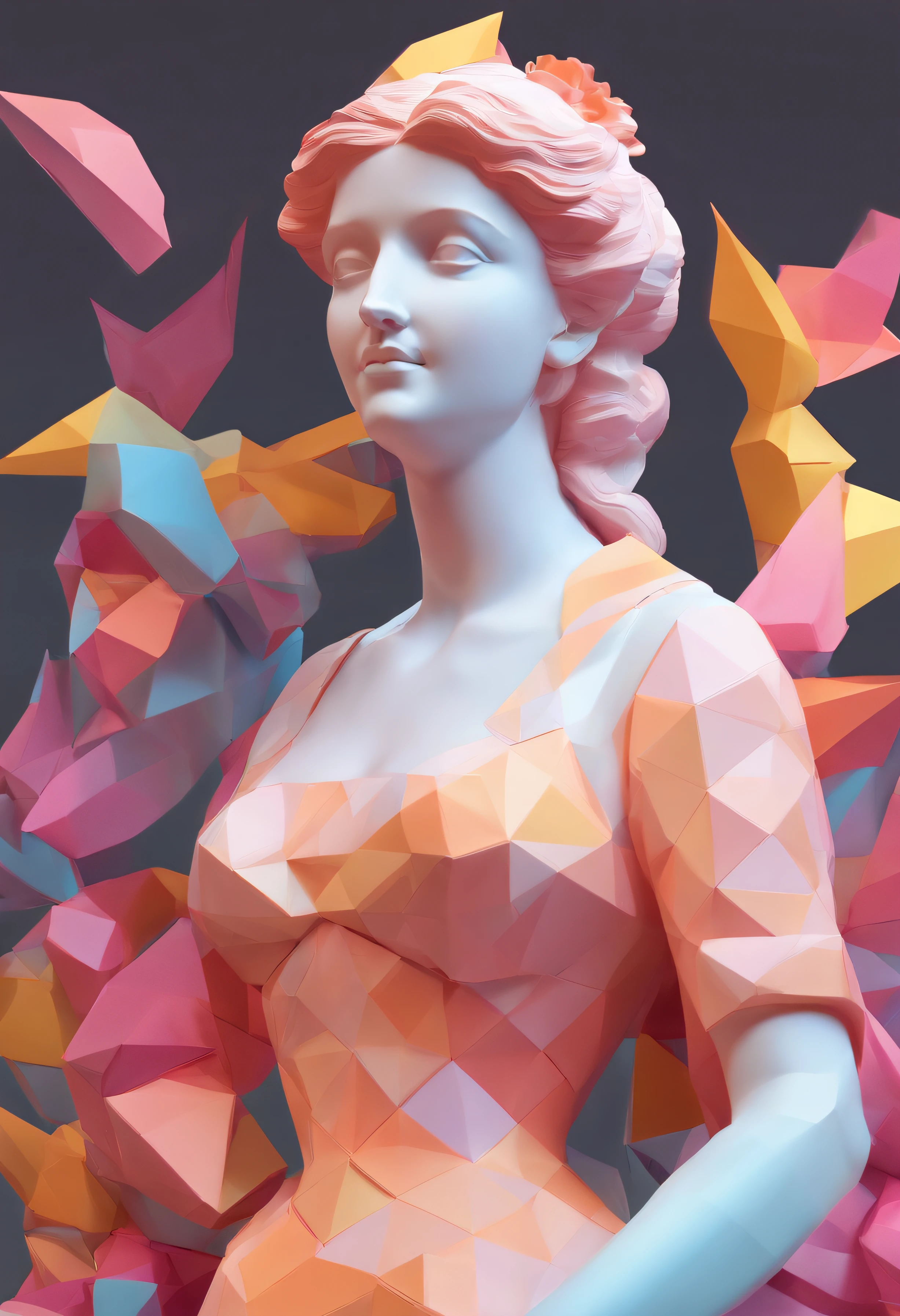 Close-up of a statue of a woman, Colorful classical statues, greek godness portrait sculpture, Classical art, bust with a beautiful neck, Escultura Michelangelo, classicism artstyle,Paper cut art style, Neon candy color, Simple, Stylish, Bright.。.。.。.。.。.。.3D, Redshift, Arnold renderer, High detail, High quality,Candy color 8K