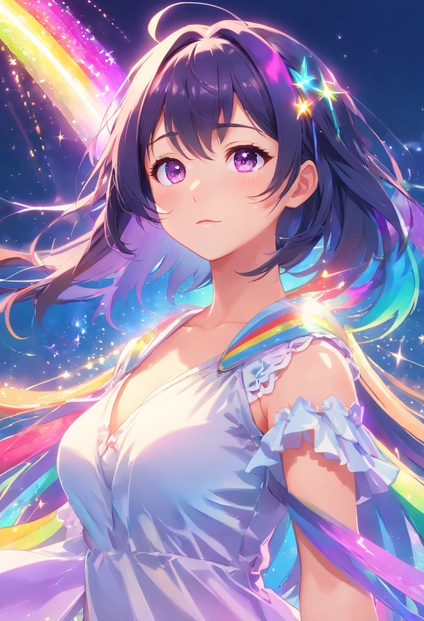 extremely detailed CG unity 16k wallpaper:1.1), (Denoising strength: 1.45), (tmasterpiece:1.37), watercolor, extremely detailed, 1girl, full body, beautiful detailed eyes, cute anime face, full body, beautiful detailed face, (Botanical illustration:1.5), white dress, god rays, sparkle, glowing light, masterpiece, best quality, big boobs, glitchy, computer, dynamic pose, cyber, black hair, harajuku charms, harajuku style, purple eyes, plaster on nose, (((rainbow)))