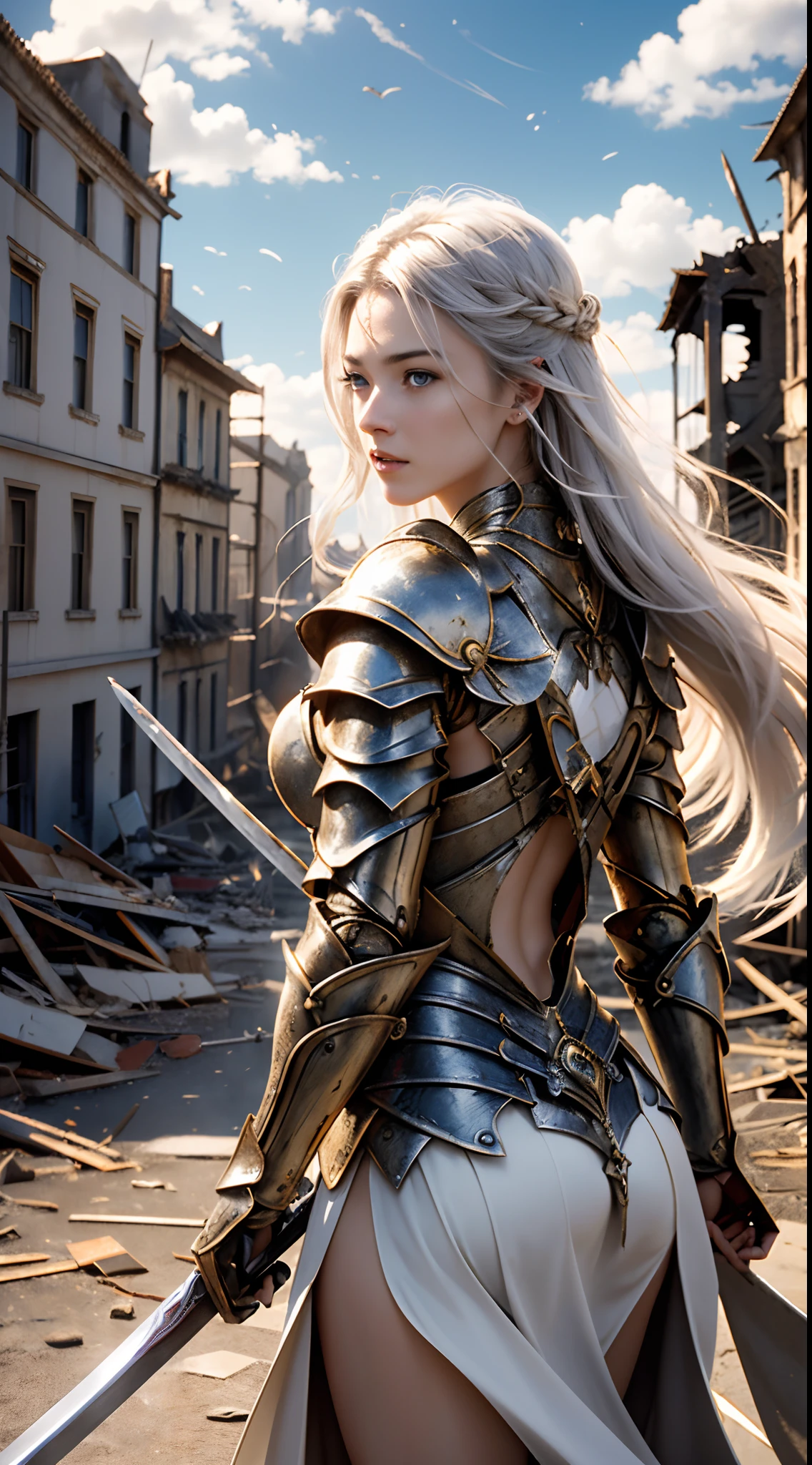 ((Two women, standing on ruined buildings, close-up, realistic)) realistic visuals, artistic refinement, captivating beauty, dramatic contrasts, 8k wallpapers, absurdity, incredible absurdity, golden armor, gadaxintai gaodanvshen, (holding silver sword)), hair floating in the air, ((in battle)), ((best quality: 1.5))