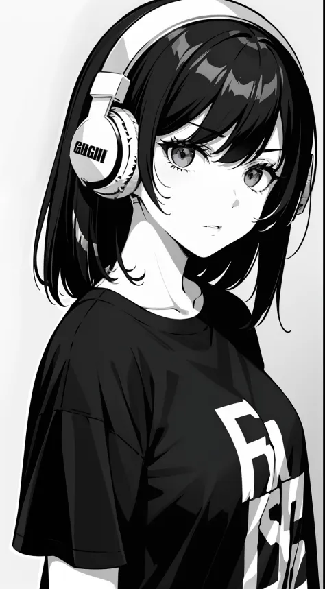A  girl, side portrait, black and white, Messy Short Hair, Spicy accessories, Sporty style, Casual T-shirt, Confident gaze, Monochrome color scheme, looking at the side, Chic street fashion, Sloppy hands in pockets posing, cap,((person)),Over-ear headphone...