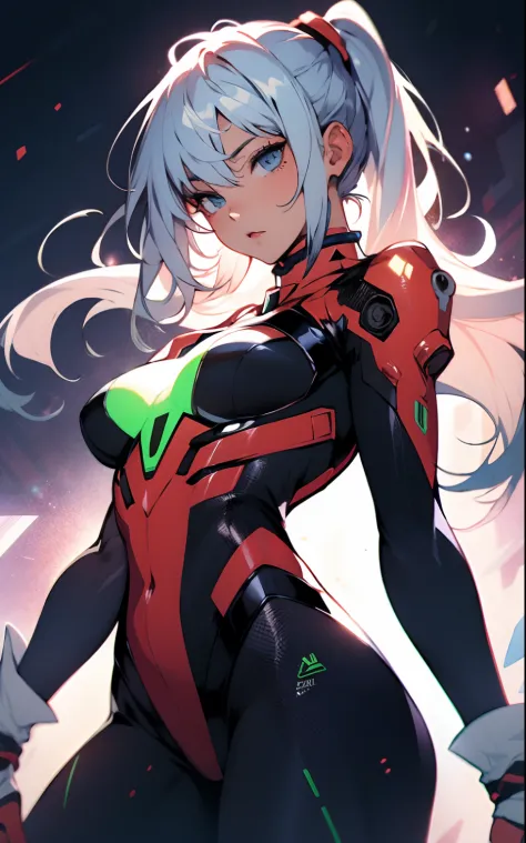 (((Young Woman))), ((Best Quality)), ((masutepiece)), (Detailed: 1.4), (Absurd), 35-year-old adult woman with Simon Bisley-style micro thong, Genesis evangelion neon style clothing, 2-piece clothing, Long silver hair, arm tatoo, cybernetic hands, pastel, C...