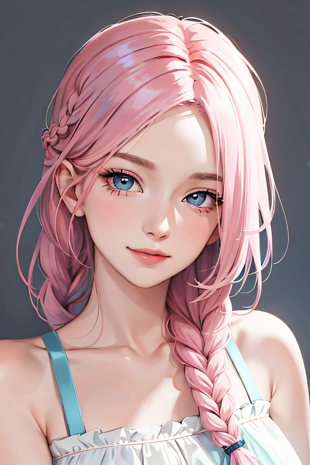 (masterpiece:1.2, best quality), (real picture, intricate details), 1lady, solo, upper body, casual, single braid pink hair, blue eyes, minimal makeup, natural fabrics, close-up face, smile, home