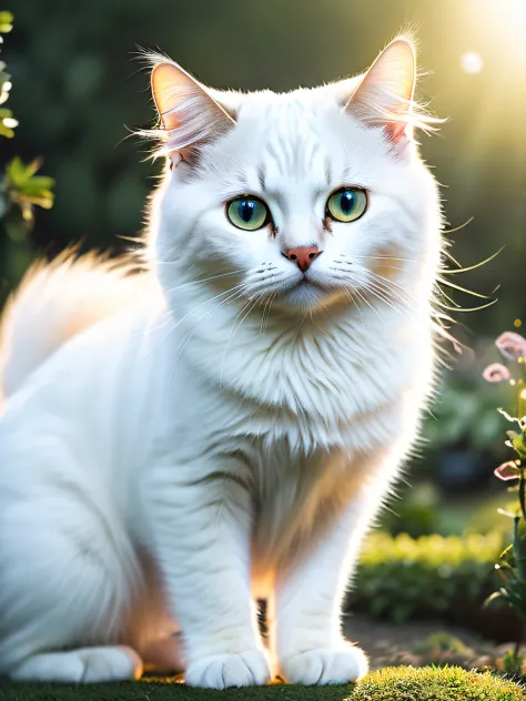 close up photo of a very cute pure white cat in the garden, soft volumetric lights, (backlit:1.3), (cinematic:1.2), intricate details, (ArtStation:1.3), Rutkowski