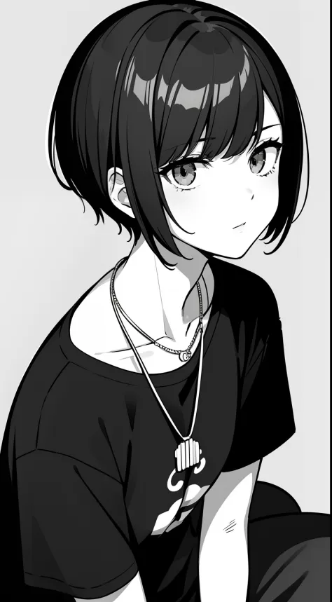 Girl, side portrait, black and white, Messy Short Hair, Spicy accessories,Sporty style, Casual T-shirt, Confident gaze, Monochrome color scheme, looking at the side, Chic street fashion, Sloppy hands in pockets posing,cap,Simple necklace