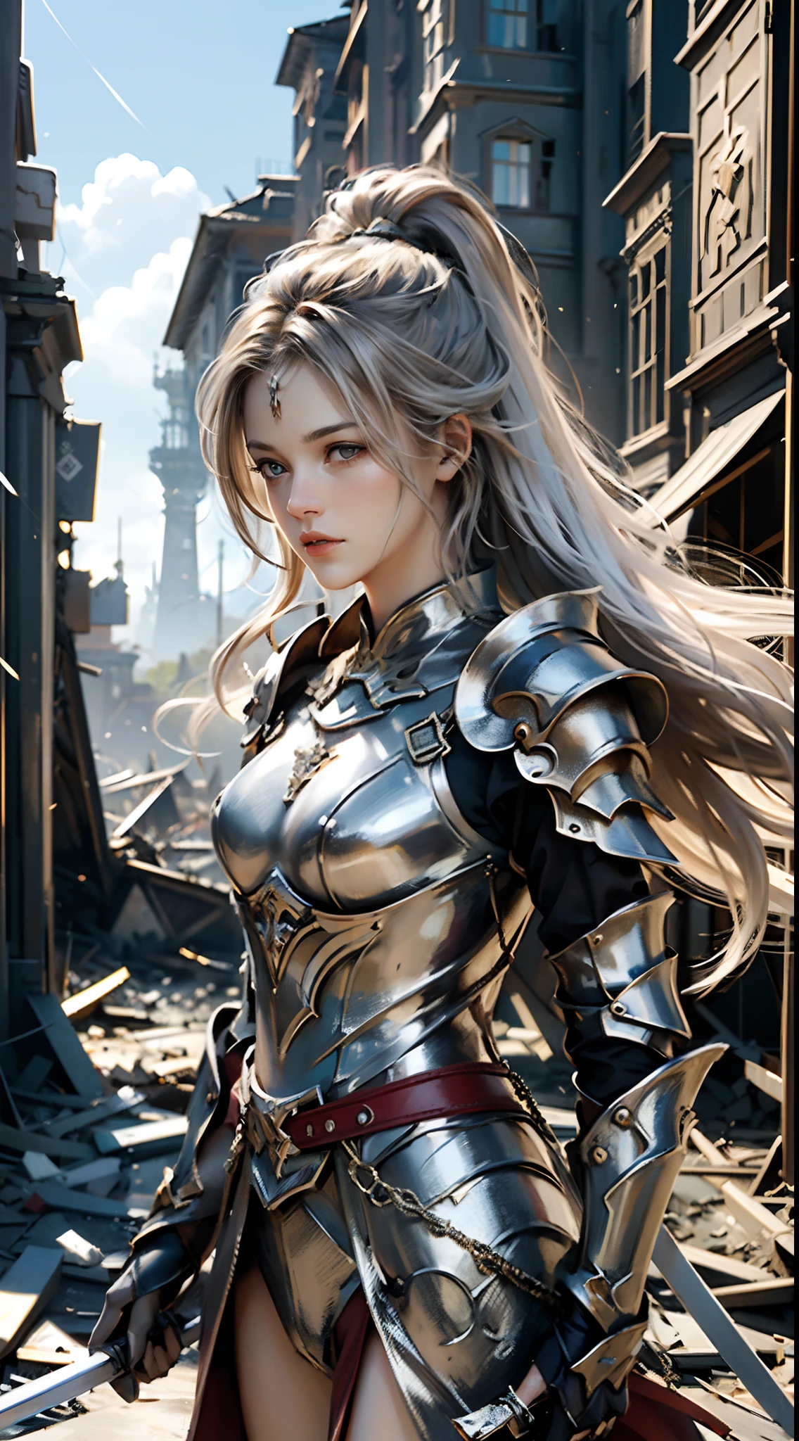((Two women, standing on ruined buildings, close-up, realistic)) realistic visuals, artistic refinement, captivating beauty, dramatic contrasts, 8k wallpapers, absurdity, incredible absurdity, golden armor, gadaxintai gaodanvshen, (holding silver sword)), hair floating in the air, ((in battle)), ((best quality: 1.5))