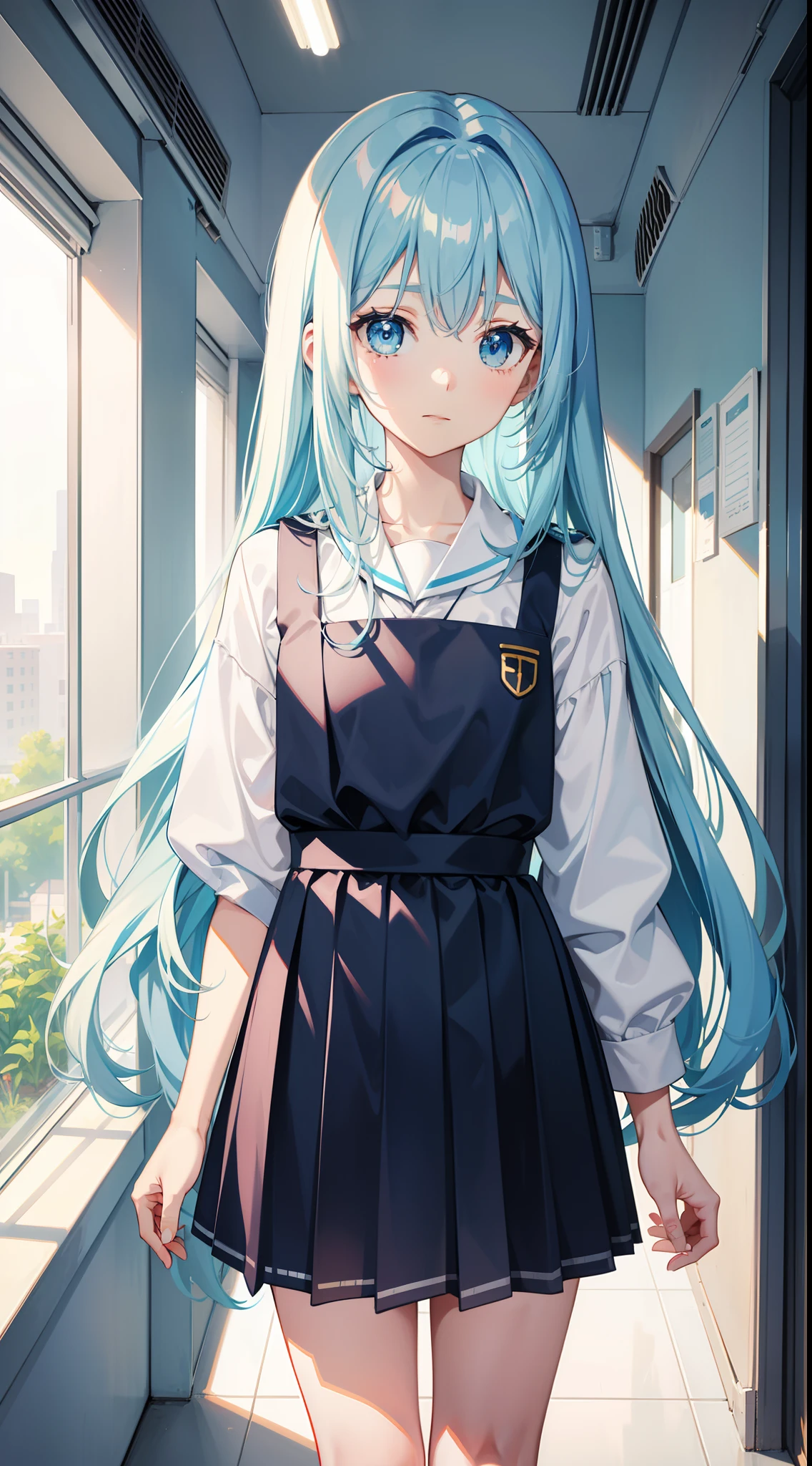 Anime girl with blue hair and blue eyes in a school uniform 